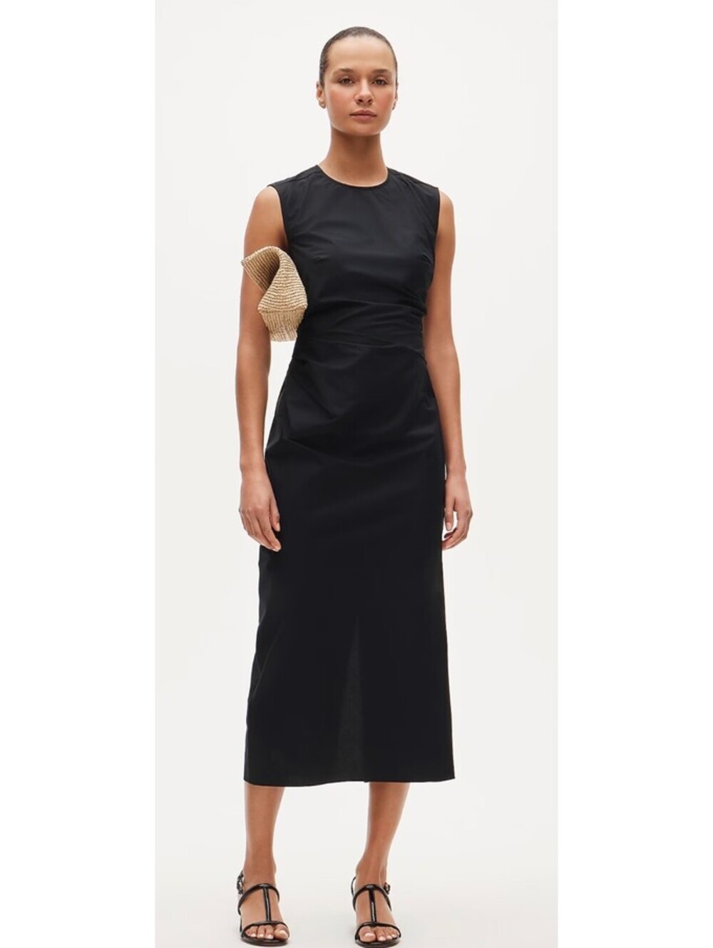 J.CREW black cotton poplin petite ruched stretch midi sleeveless dress 12 NWT